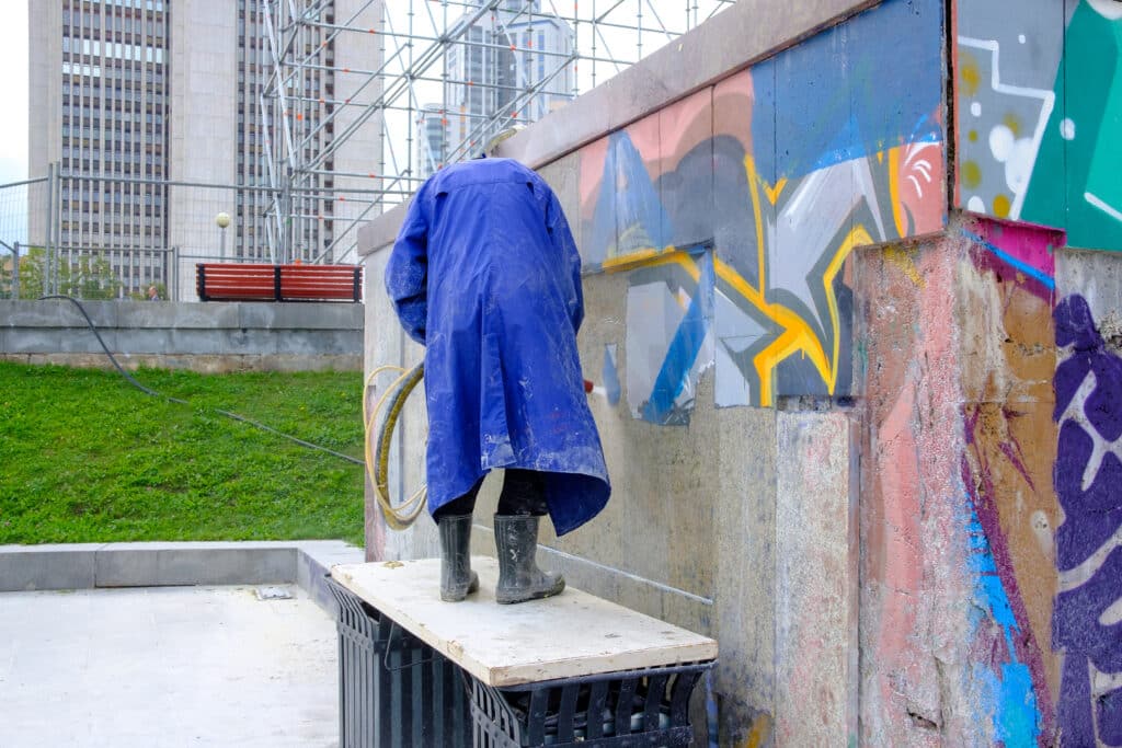 Russia, Yekaterinburg, August 14, 2019 a man in a raincoat washes away graffiti on the city wall with a stream of water and chemicals. destruction of modern art. Everything You Need to Know About Removing Graffiti