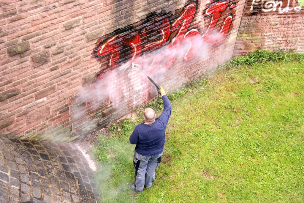 GERMANY, FRANKFURT AM MAIN - May 07.2014 : Worker of municipal service of city cleans a wall from graffiti. Everything You Need to Know About Removing Graffiti